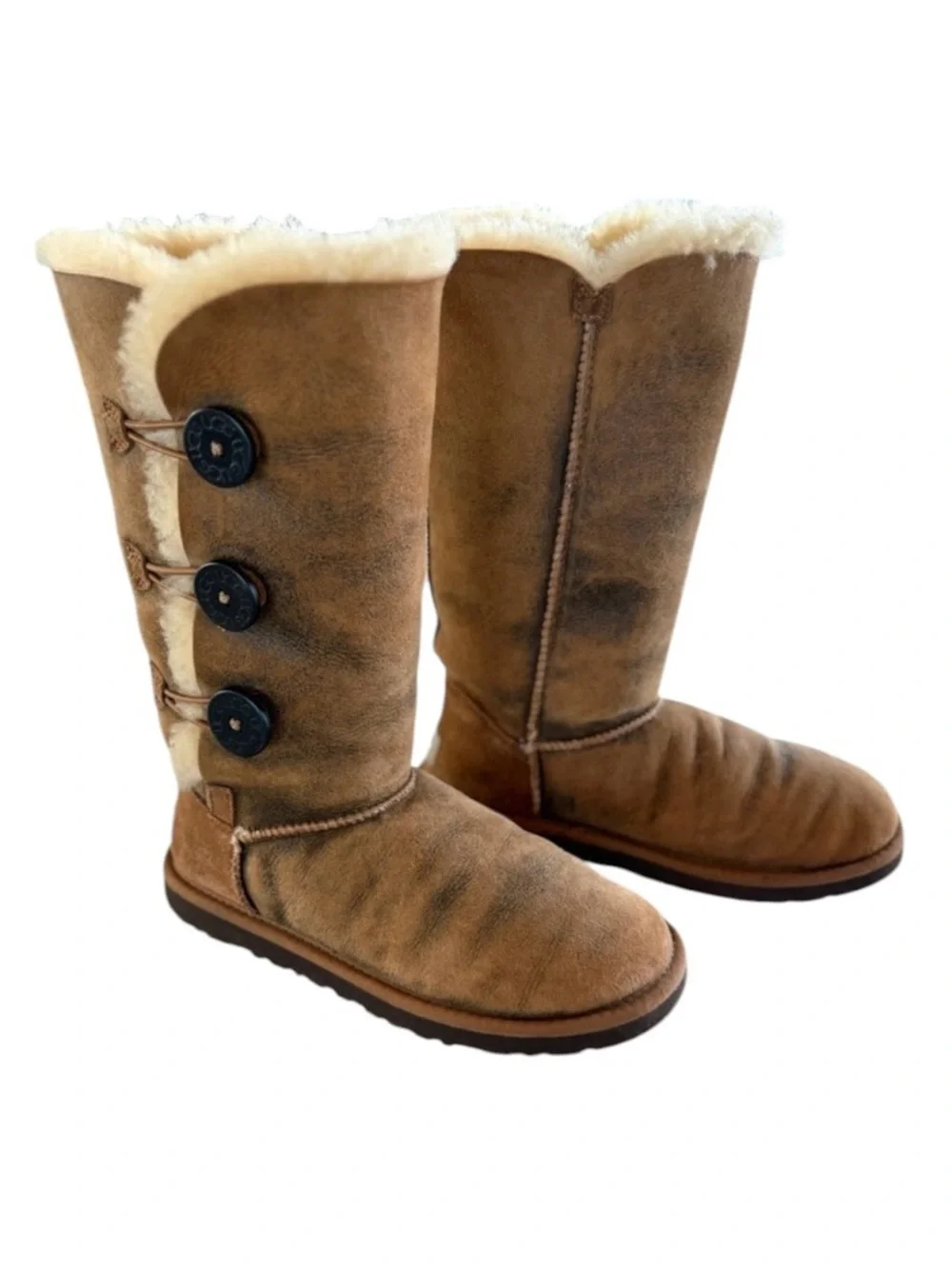 UGG Bailey Button Triplet Tall Sheepskin Boots Brown Cream Women’s 6